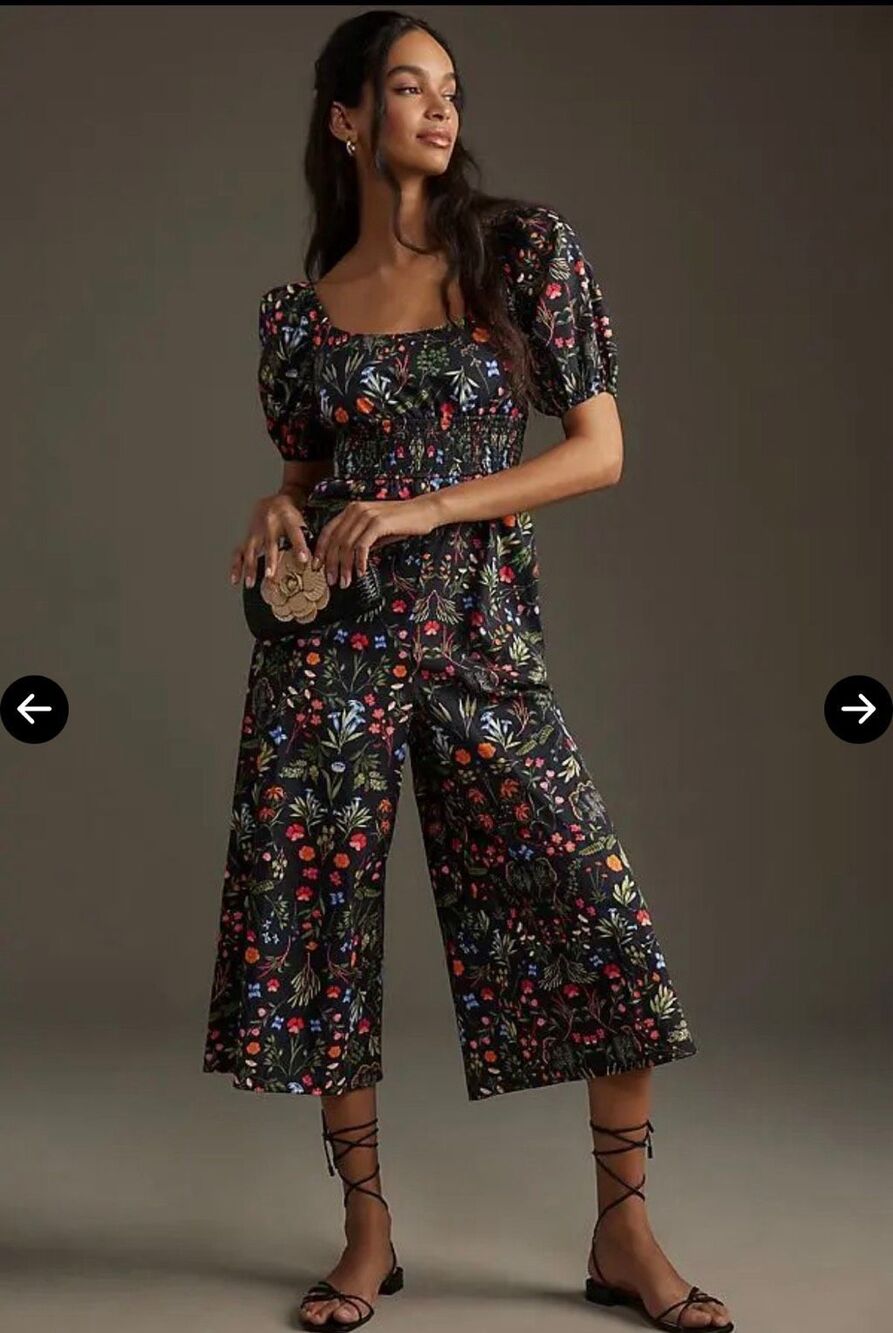 Anthropologie Hutch Puff Sleeve Floral Smocked Wide Leg Jumpsuit XL